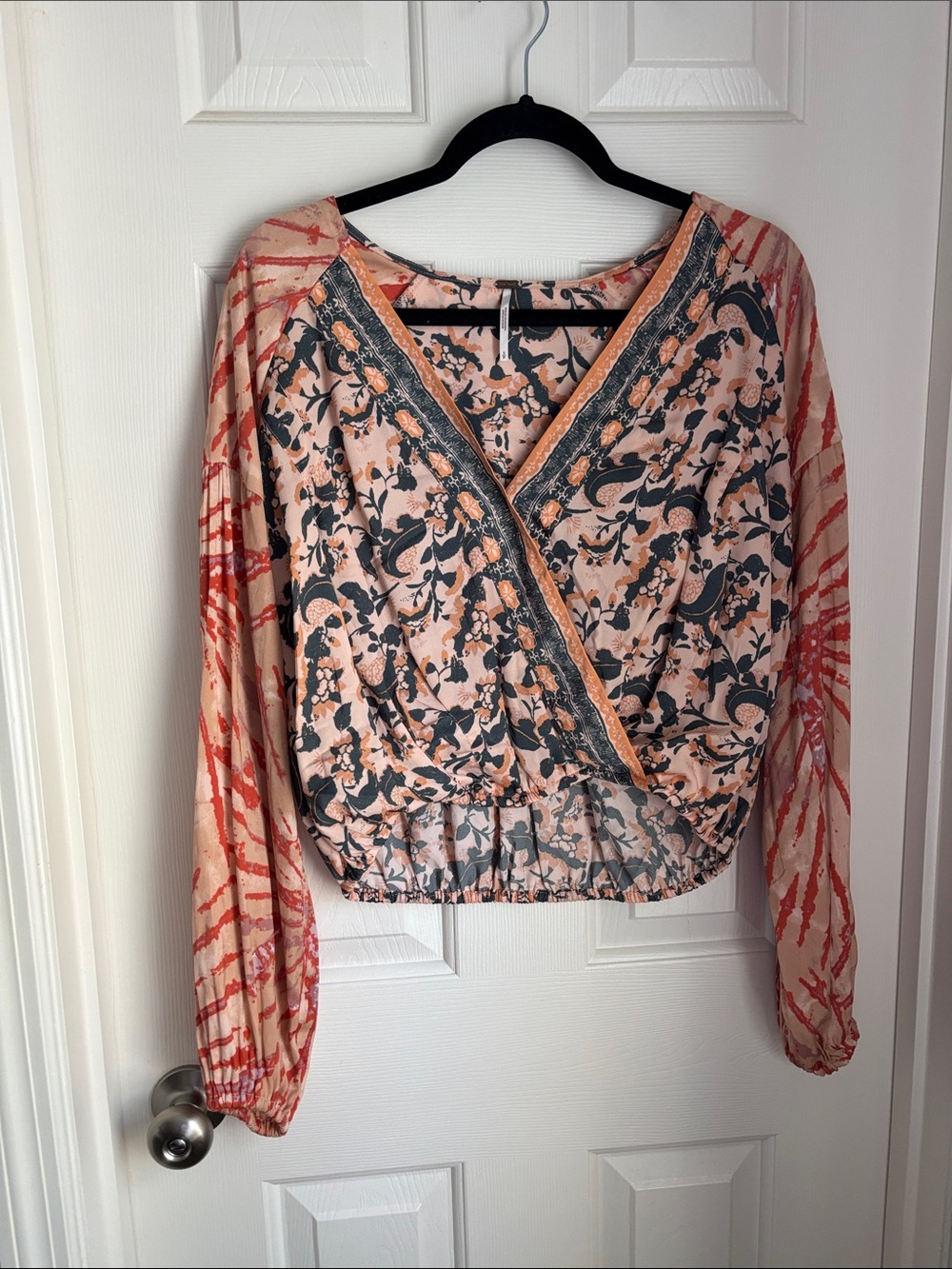 Free People Printed Peasant Wrap Top in Peach and Coral